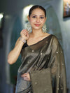 Banarasee Soft Tissue Saree With Hand Embroidered Mirror Work & Zari Stripes Design-Black