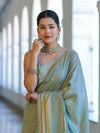 Banarasee Handloom Semi Silk Saree With Buti Design & Striped Zari Border-Pastel Green