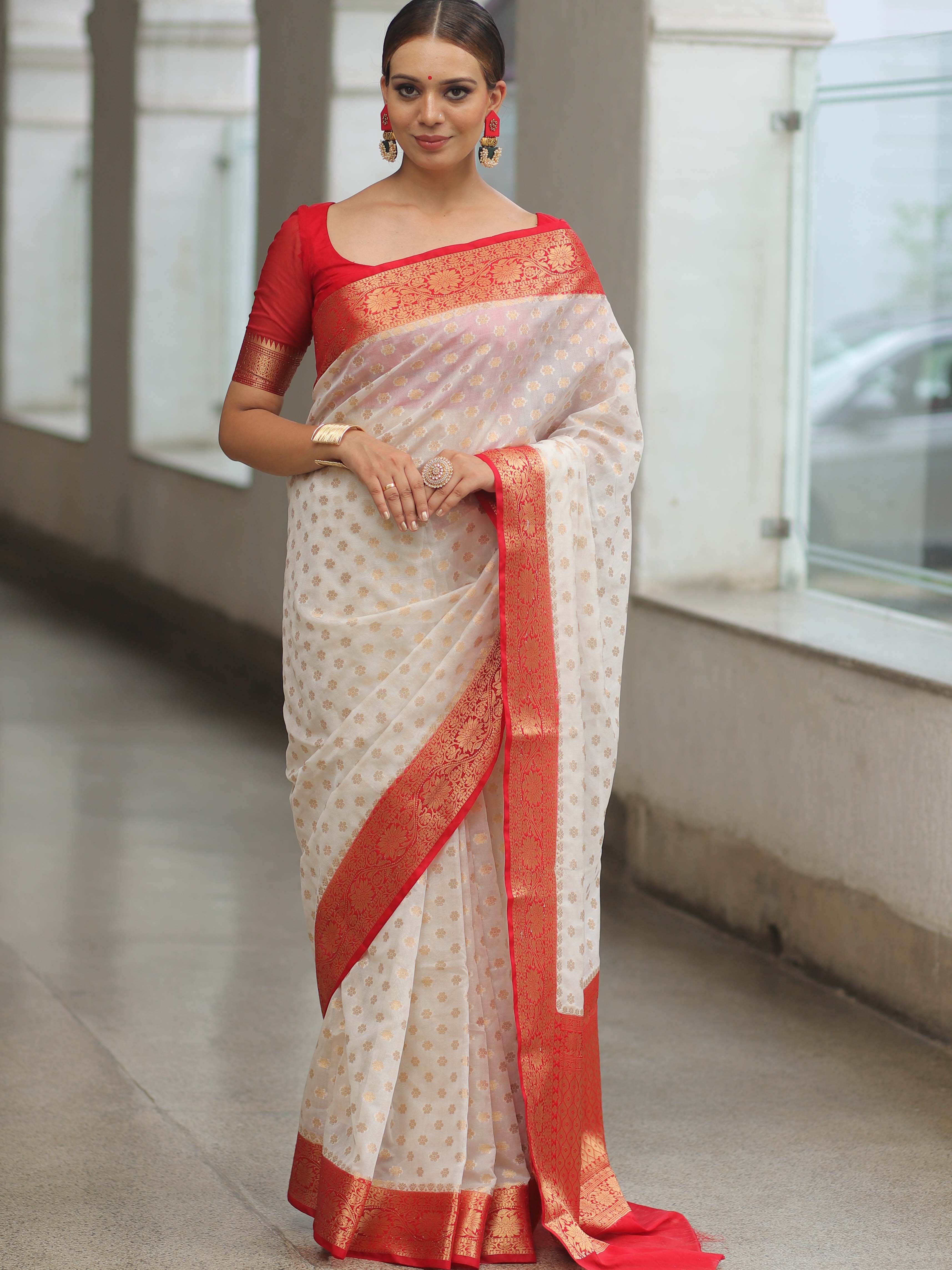 Banarasee Faux Georgette Saree With Zari Work & Contrast Border-White & Red