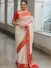 Banarasee Faux Georgette Saree With Zari Work & Contrast Border-White & Red