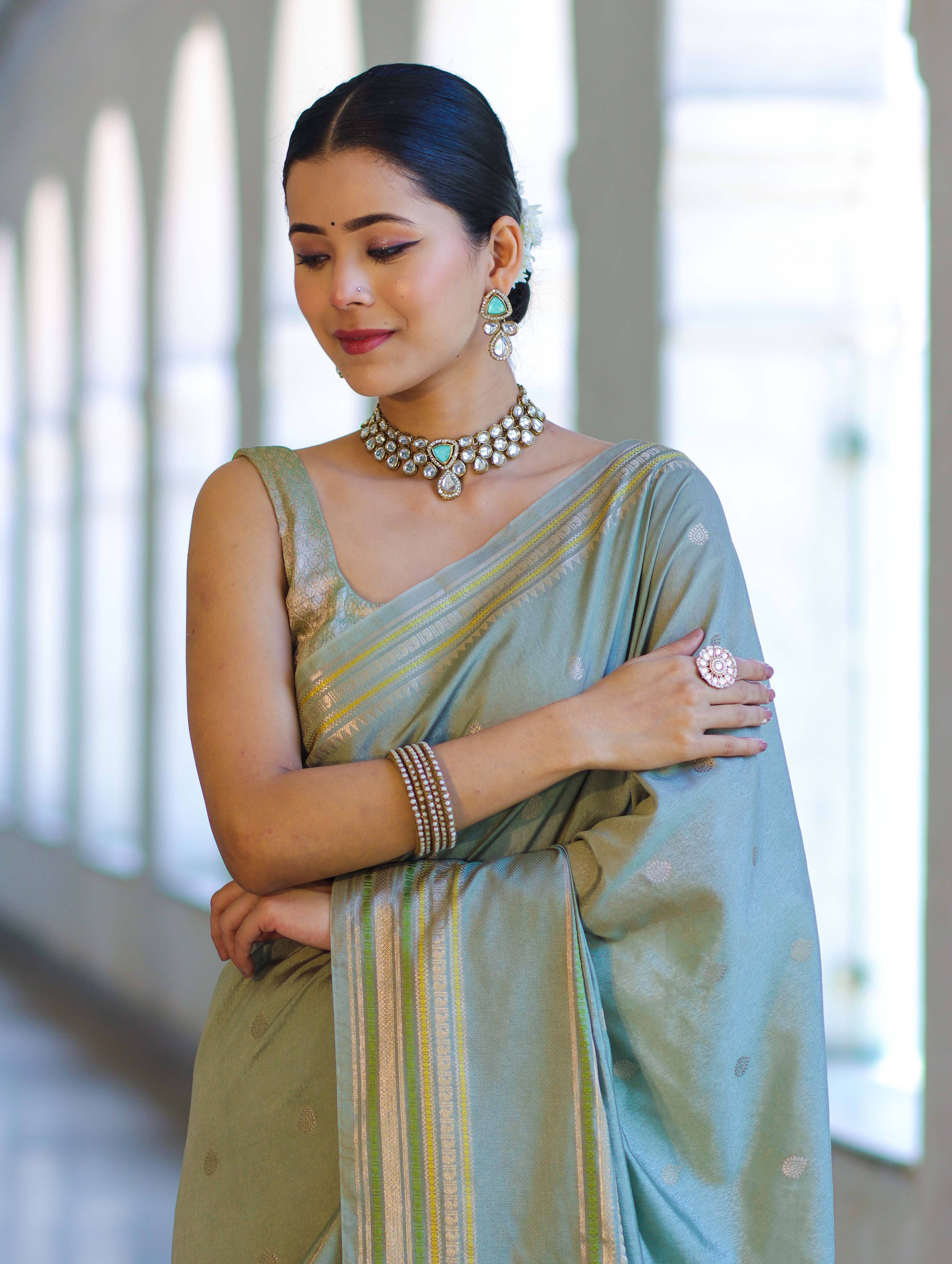 Banarasee Handloom Semi Silk Saree With Buti Design & Striped Zari Border-Pastel Green
