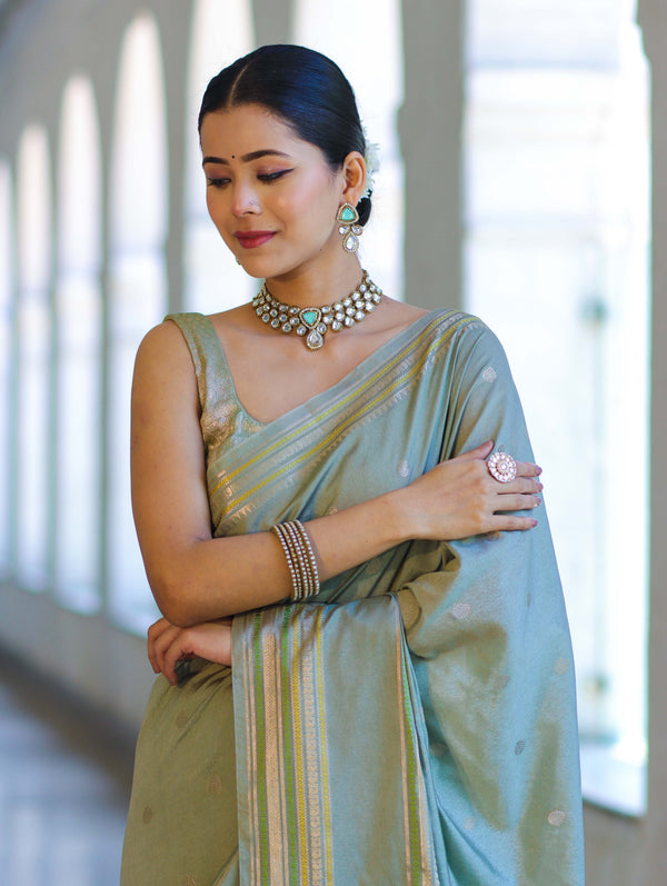 Banarasee Handloom Semi Silk Saree With Buti Design & Striped Zari Border-Pastel Green