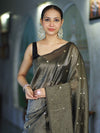 Banarasee Soft Tissue Saree With Hand Embroidered Mirror Work & Zari Stripes Design-Black