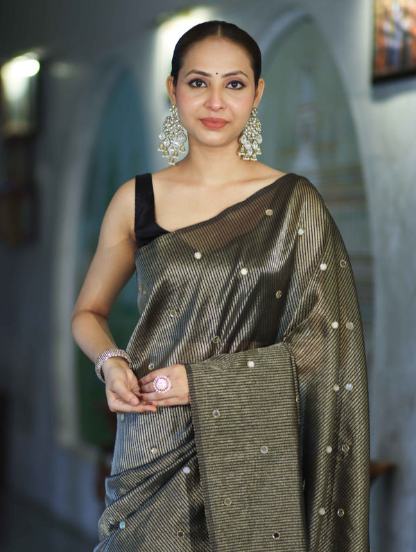 Banarasee Soft Tissue Saree With Hand Embroidered Mirror Work & Zari Stripes Design-Black