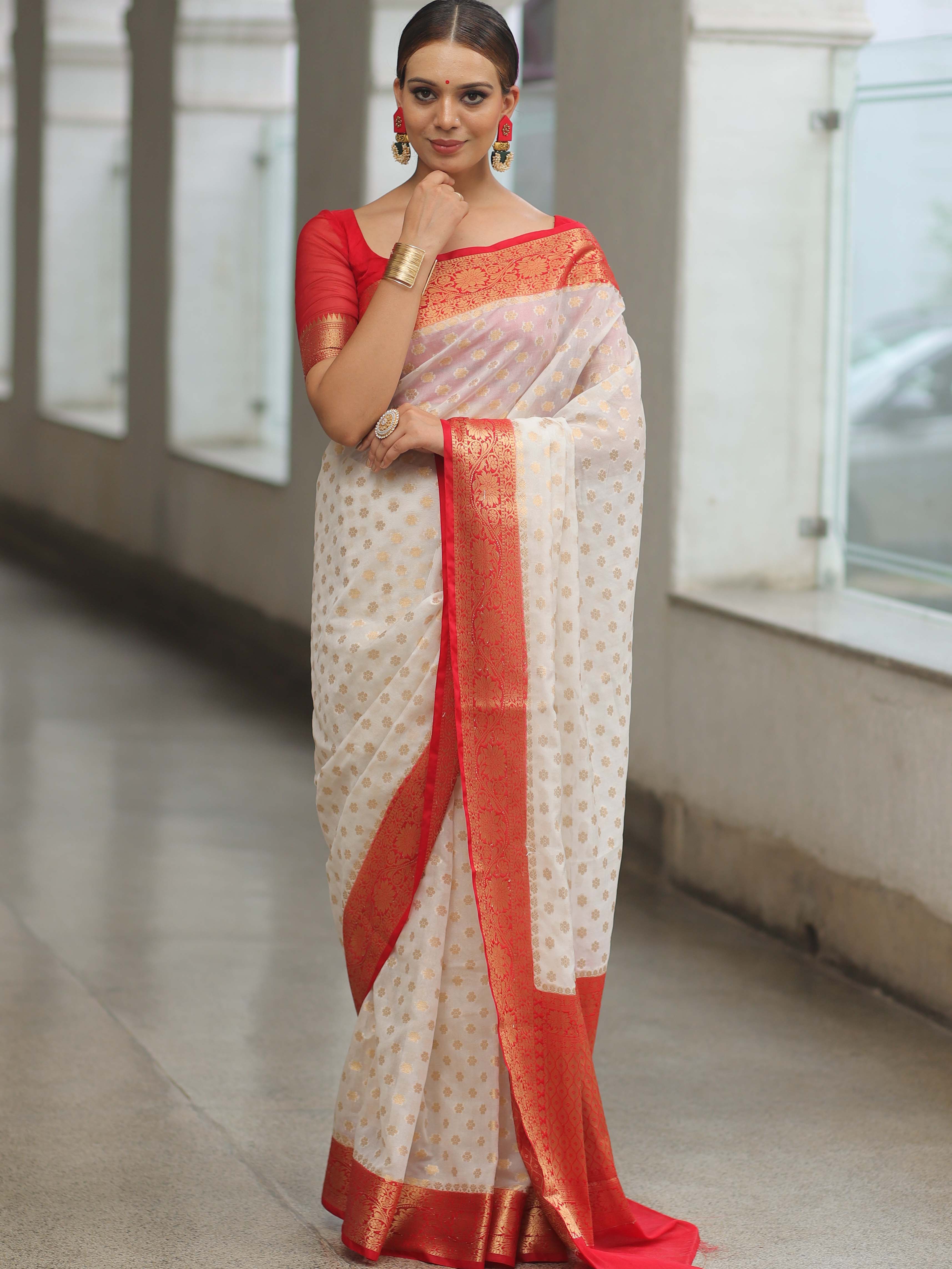Banarasee Faux Georgette Saree With Zari Work & Contrast Border-White & Red