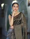 Banarasee Soft Tissue Saree With Hand Embroidered Mirror Work & Zari Stripes Design-Black