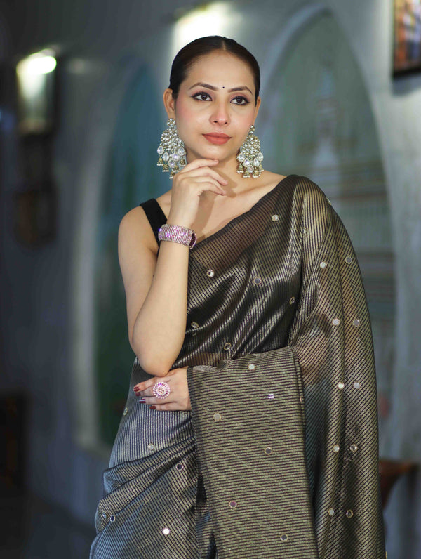 Banarasee Soft Tissue Saree With Hand Embroidered Mirror Work & Zari Stripes Design-Black