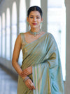 Banarasee Handloom Semi Silk Saree With Buti Design & Striped Zari Border-Pastel Green