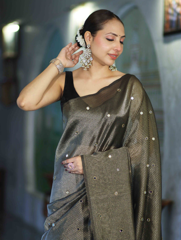 Banarasee Soft Tissue Saree With Hand Embroidered Mirror Work & Zari Stripes Design-Black