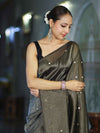 Banarasee Soft Tissue Saree With Hand Embroidered Mirror Work & Zari Stripes Design-Black