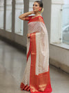 Banarasee Faux Georgette Saree With Zari Work & Contrast Border-White & Red