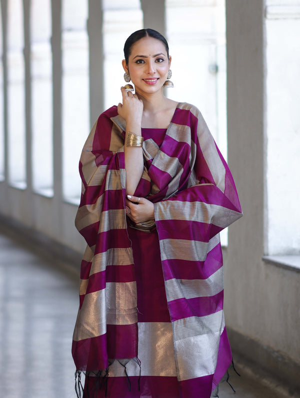 Banarasee Cotton Silk Stripe Pattern Salwar Kameez Fabric With Dupatta Set-Deep Magenta