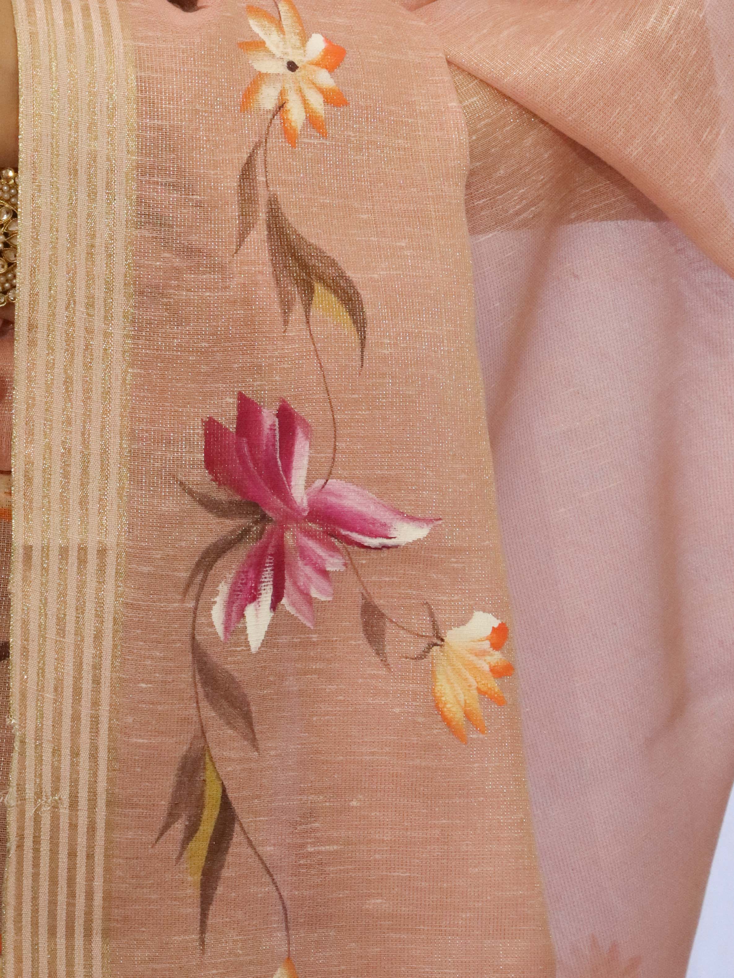 Banarasee Tissue Hand-Painted Salwar Kameez Fabric With Dupatta Set-Pink