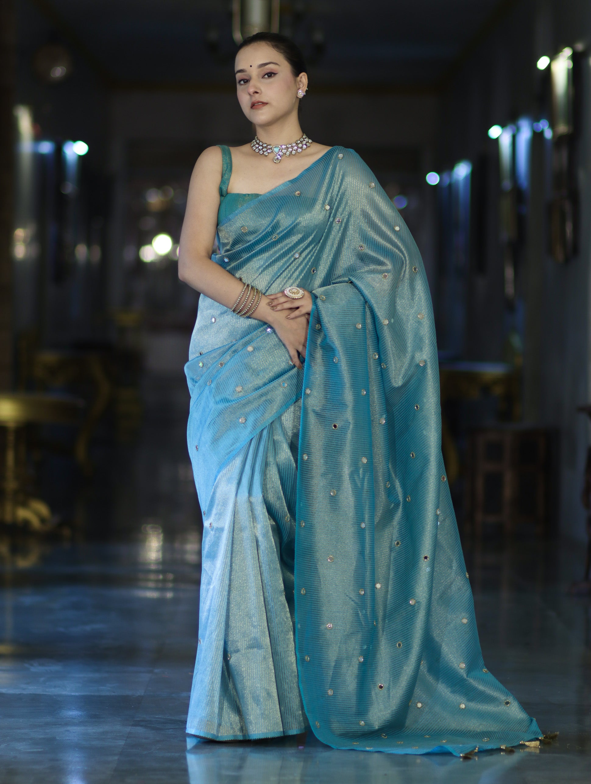 Banarasee Soft Tissue Saree With Hand Embroidered Mirror Work & Zari Stripes Design-Light Blue