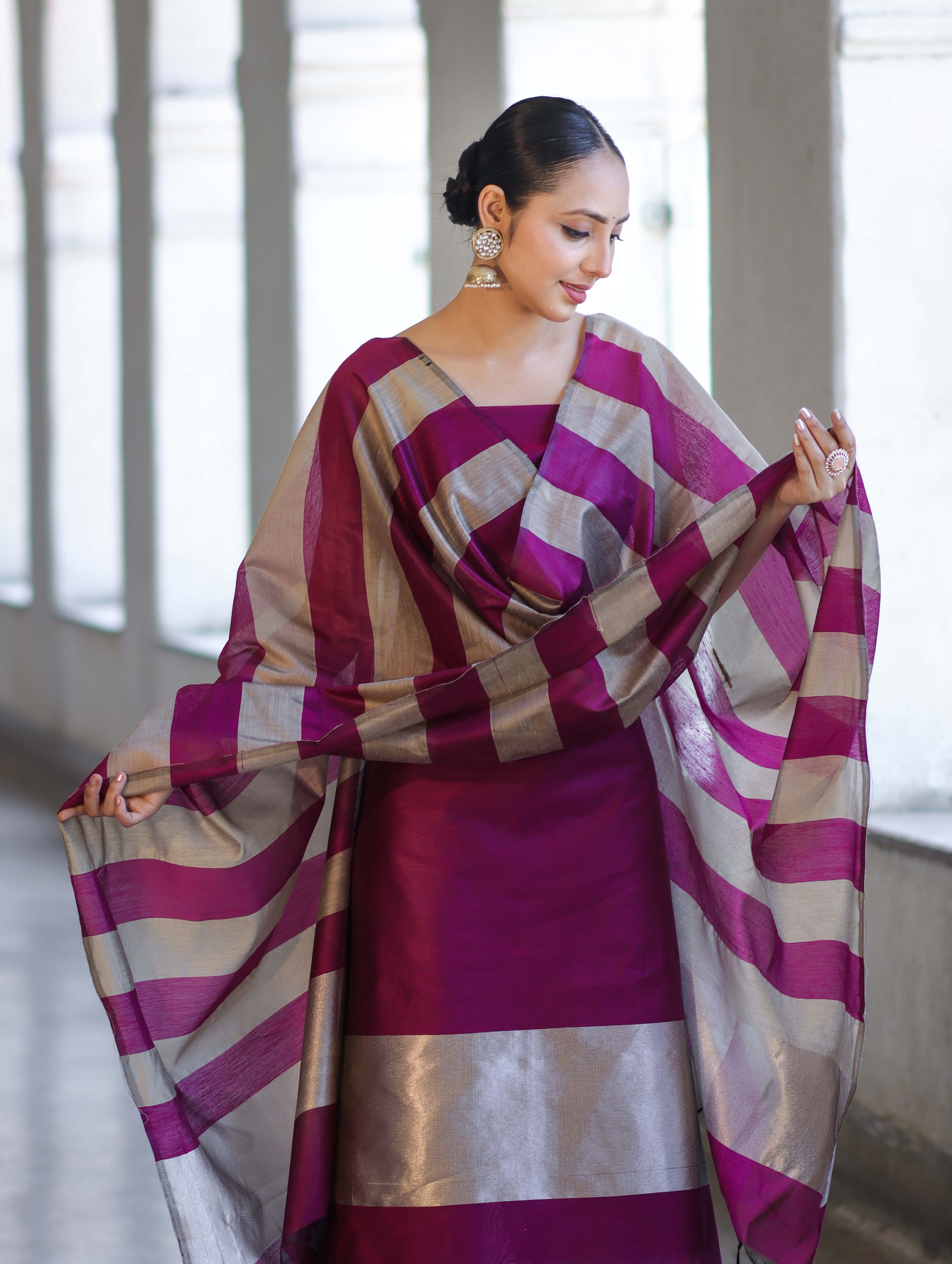 Banarasee Cotton Silk Stripe Pattern Salwar Kameez Fabric With Dupatta Set-Deep Magenta