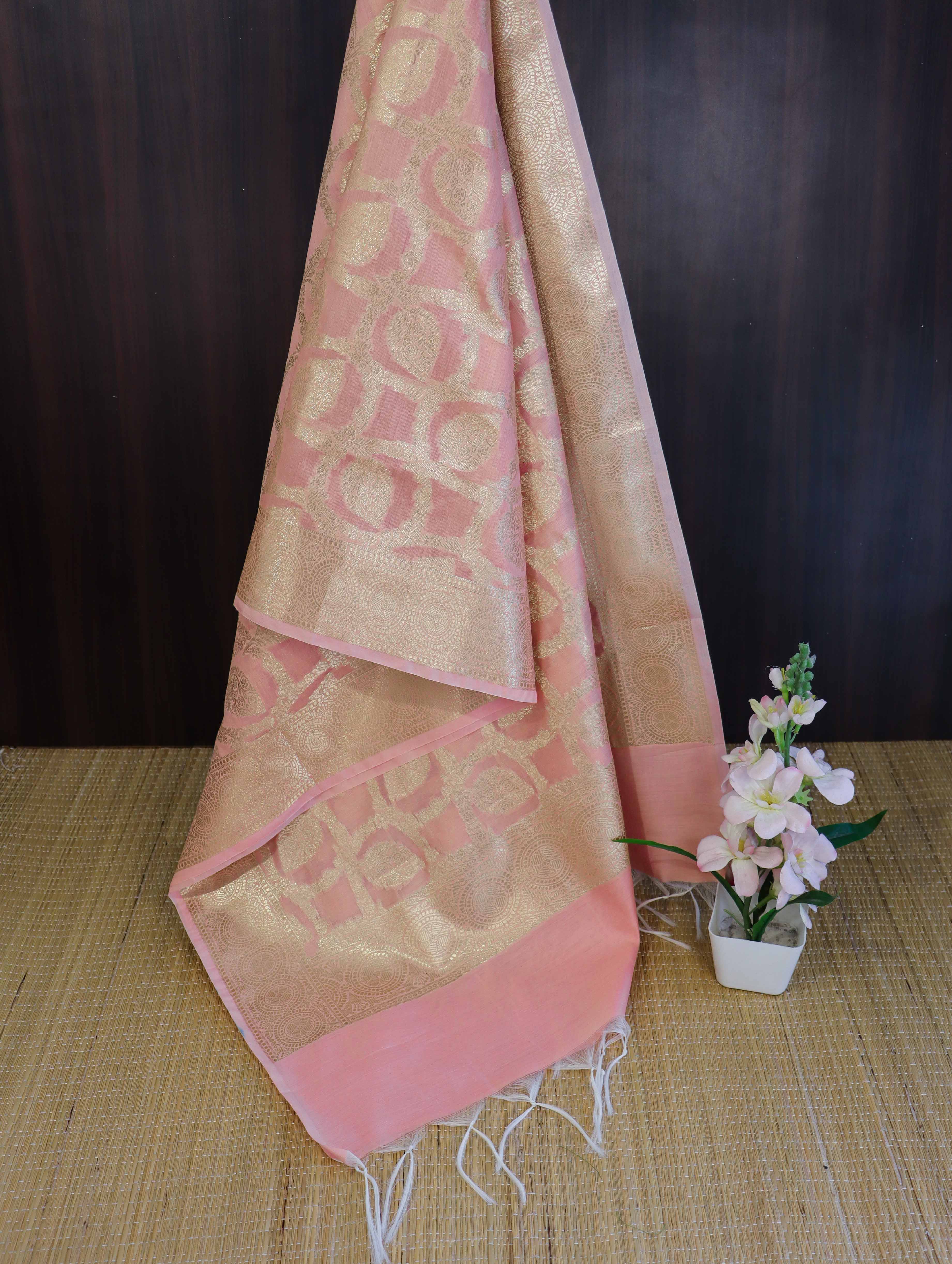 Banarasee Cotton Silk Dupatta With Zari Woven Jaal Design-Peach