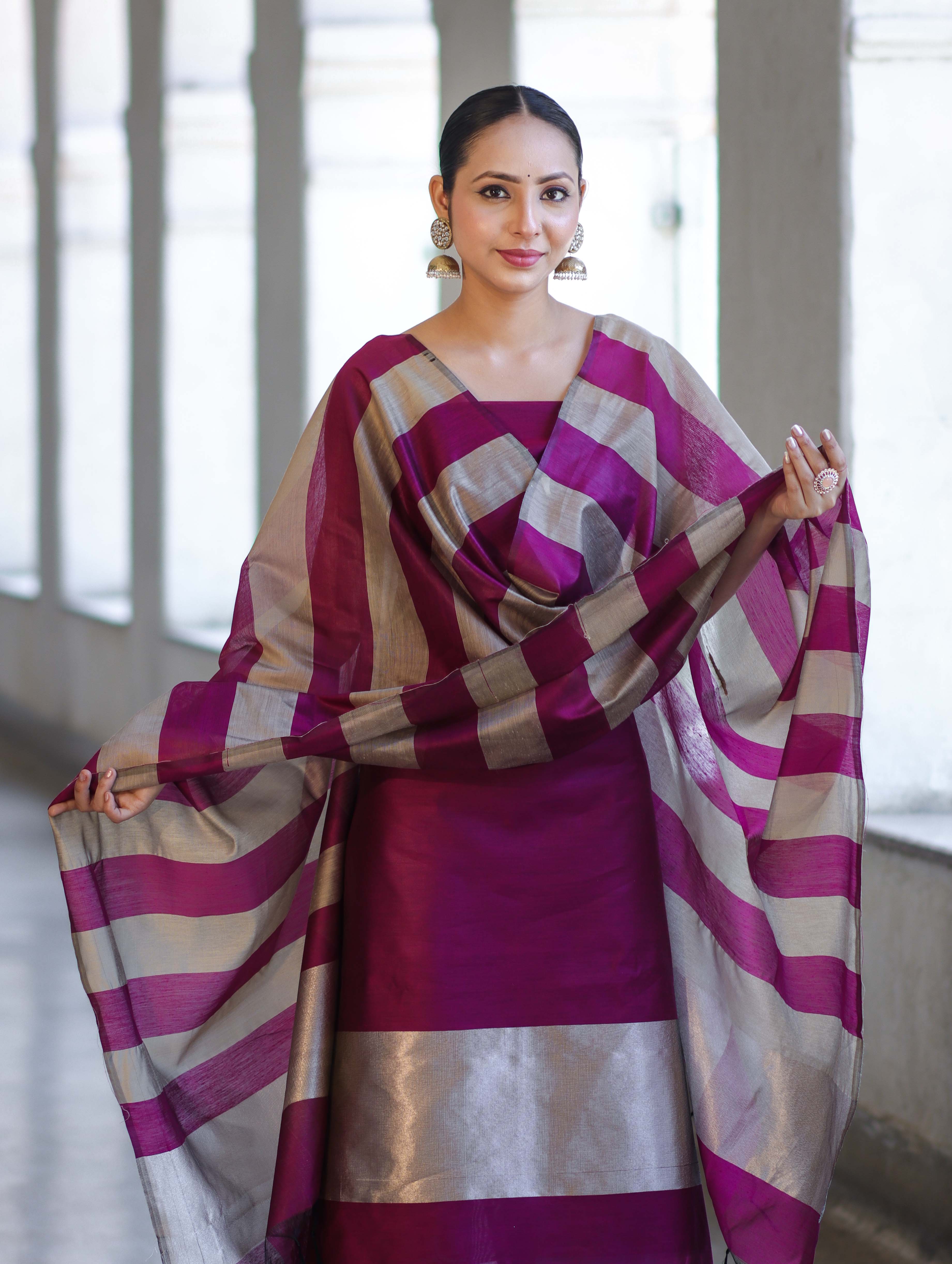 Banarasee Cotton Silk Stripe Pattern Salwar Kameez Fabric With Dupatta Set-Deep Magenta