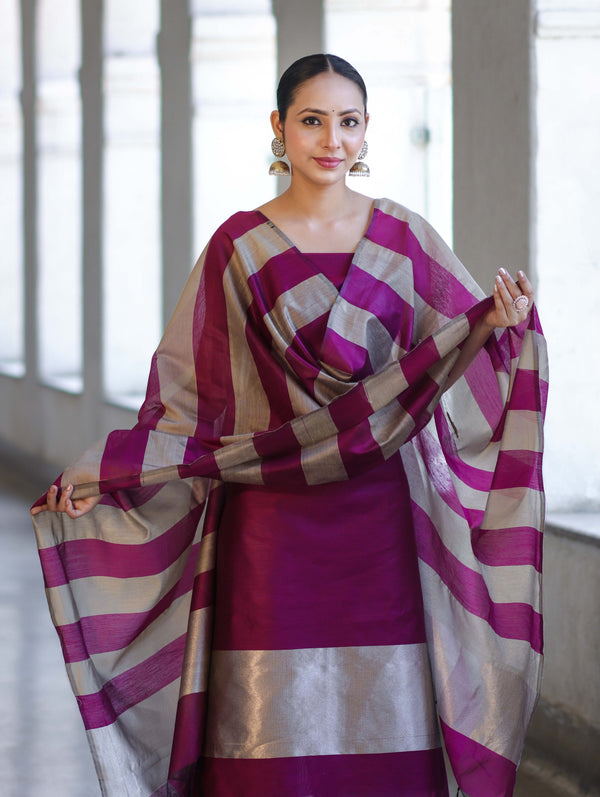 Banarasee Cotton Silk Stripe Pattern Salwar Kameez Fabric With Dupatta Set-Deep Magenta
