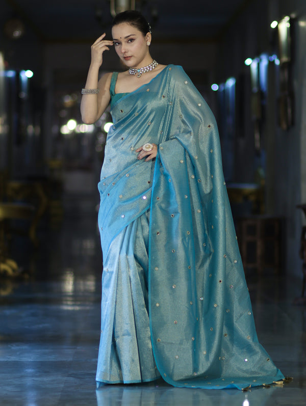 Banarasee Soft Tissue Saree With Hand Embroidered Mirror Work & Zari Stripes Design-Light Blue