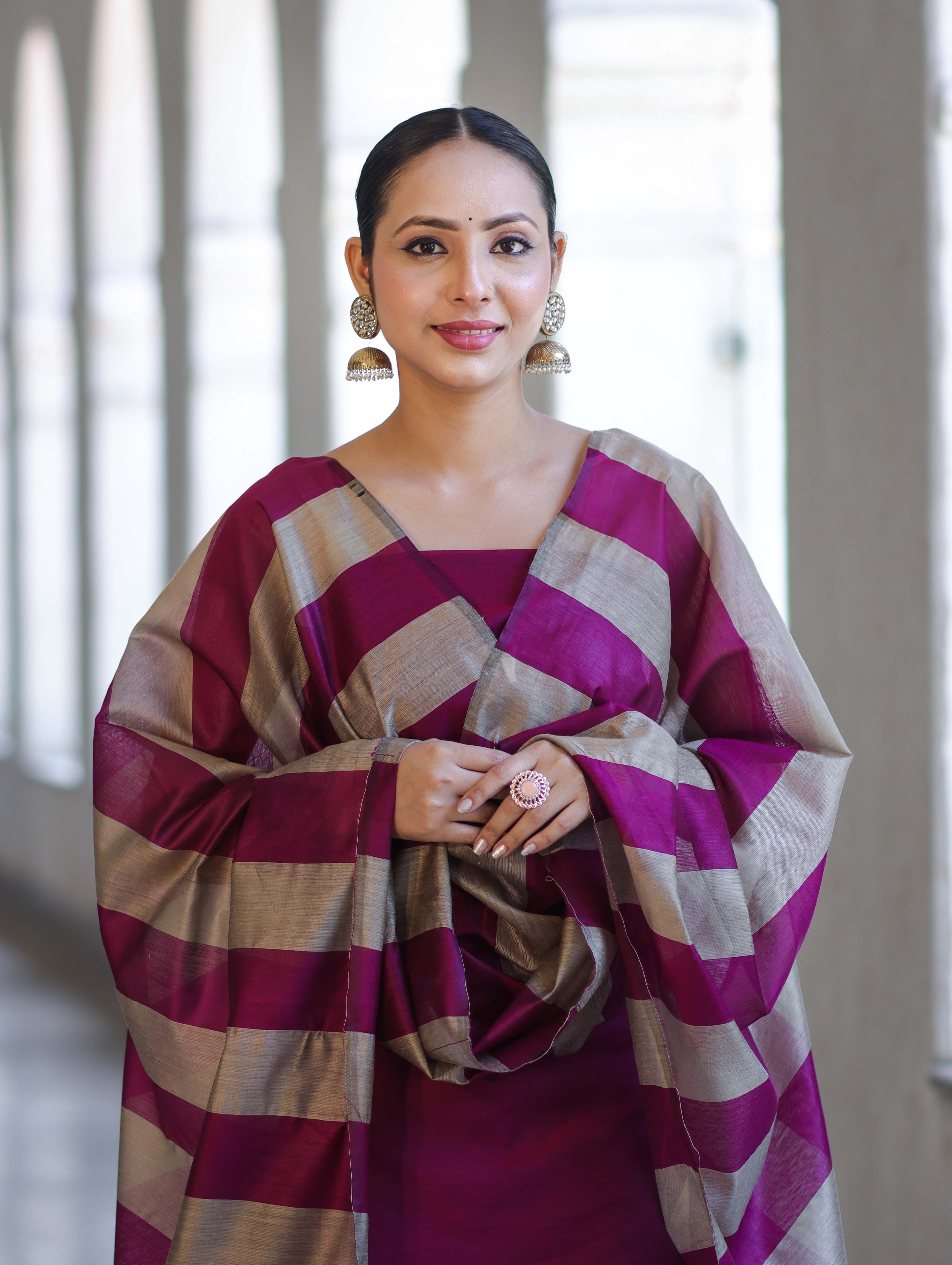 Banarasee Cotton Silk Stripe Pattern Salwar Kameez Fabric With Dupatta Set-Deep Magenta