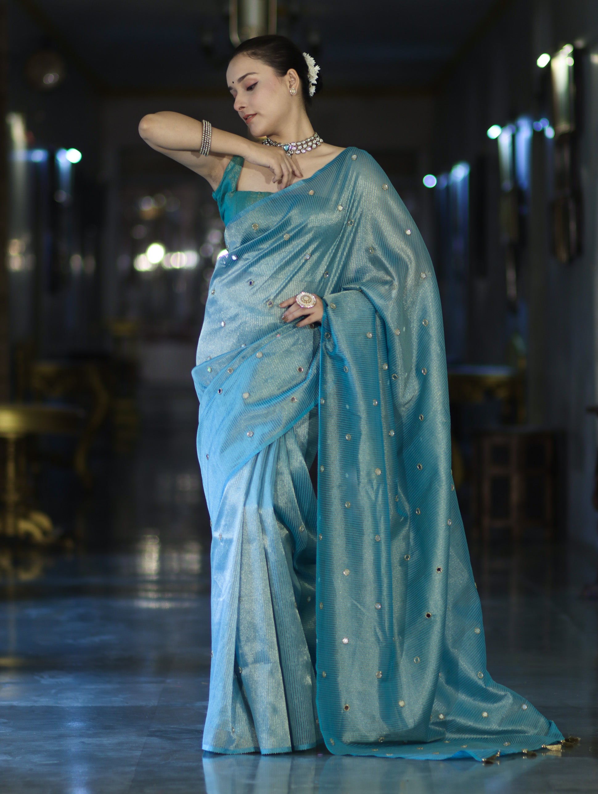 Banarasee Soft Tissue Saree With Hand Embroidered Mirror Work & Zari Stripes Design-Light Blue