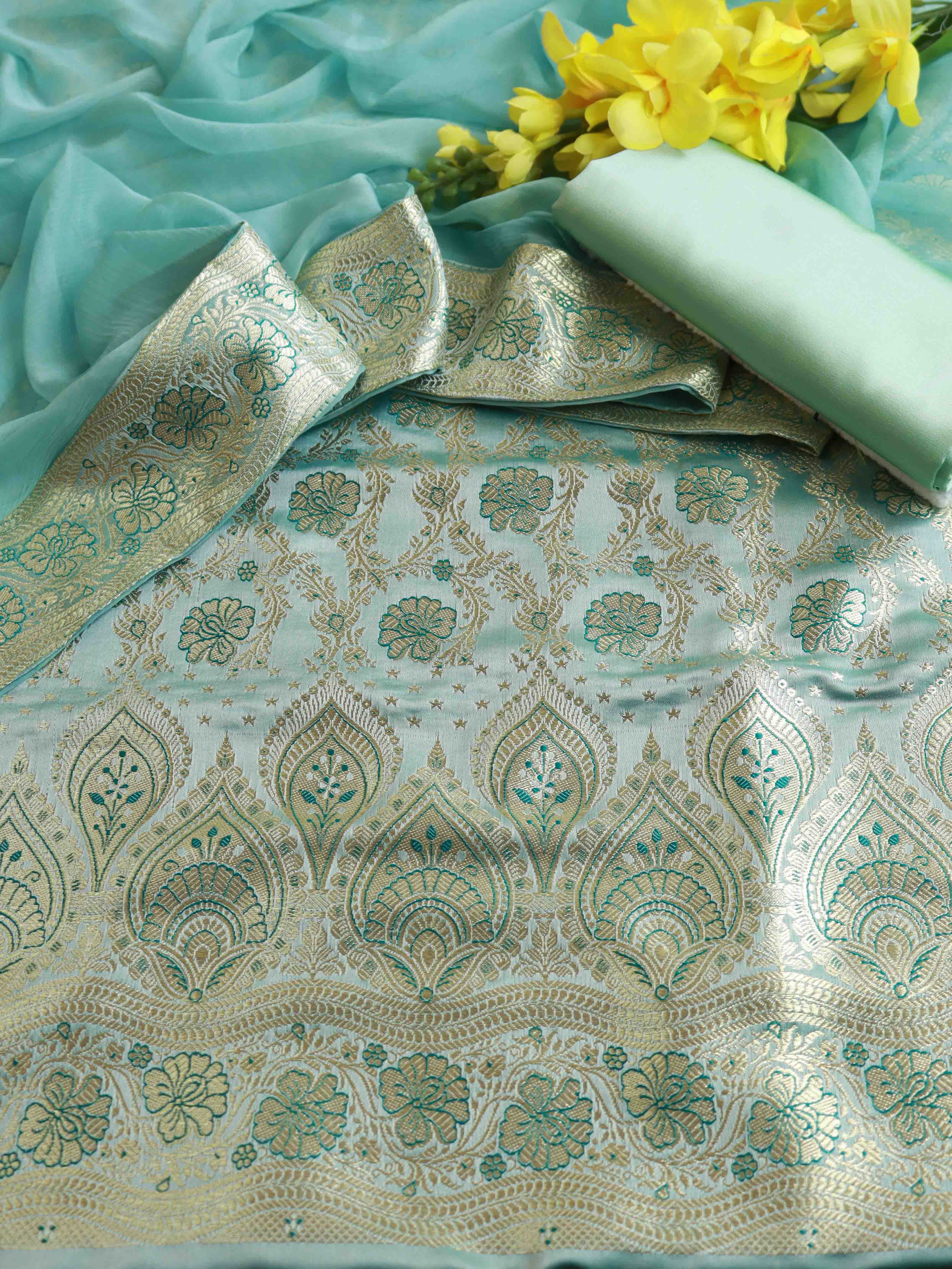 Banarasee Salwar Kameez Satin Brocade Zari Woven Fabric-Blue