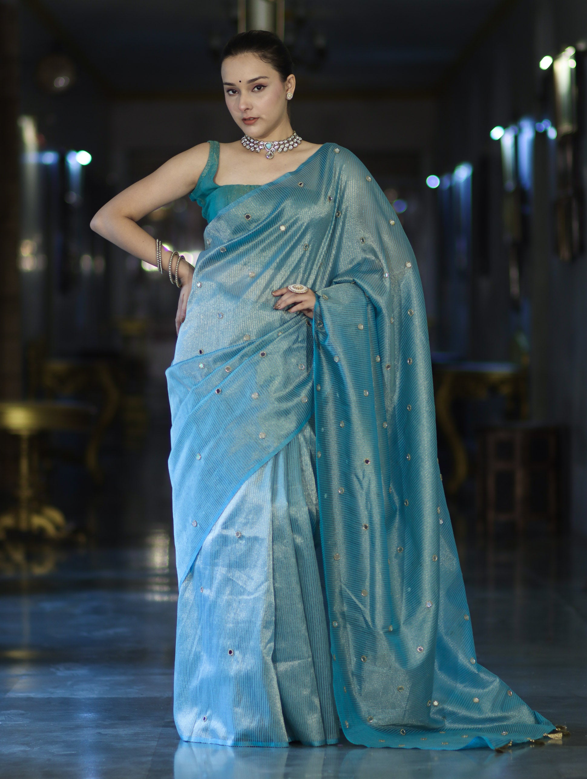 Banarasee Soft Tissue Saree With Hand Embroidered Mirror Work & Zari Stripes Design-Light Blue