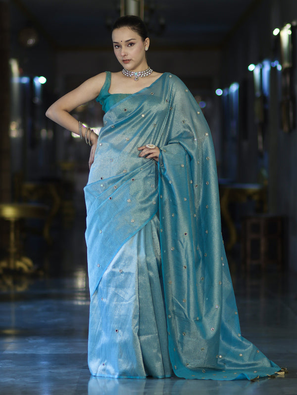 Banarasee Soft Tissue Saree With Hand Embroidered Mirror Work & Zari Stripes Design-Light Blue