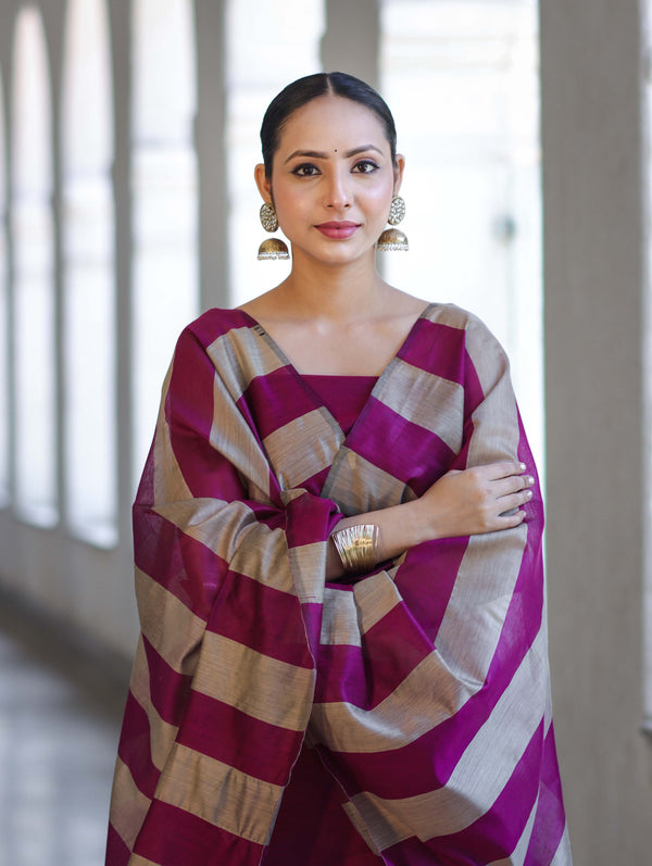Banarasee Cotton Silk Stripe Pattern Salwar Kameez Fabric With Dupatta Set-Deep Magenta