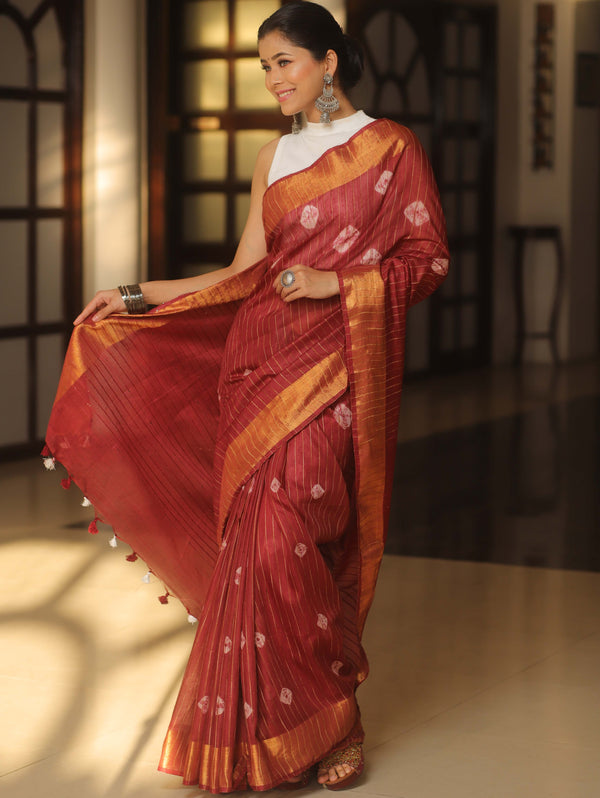 Bhagalpur Cotton Silk Ghichha Work Hand-Dyed Shibori Pattern Saree-Mraoon