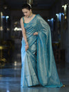 Banarasee Soft Tissue Saree With Hand Embroidered Mirror Work & Zari Stripes Design-Light Blue