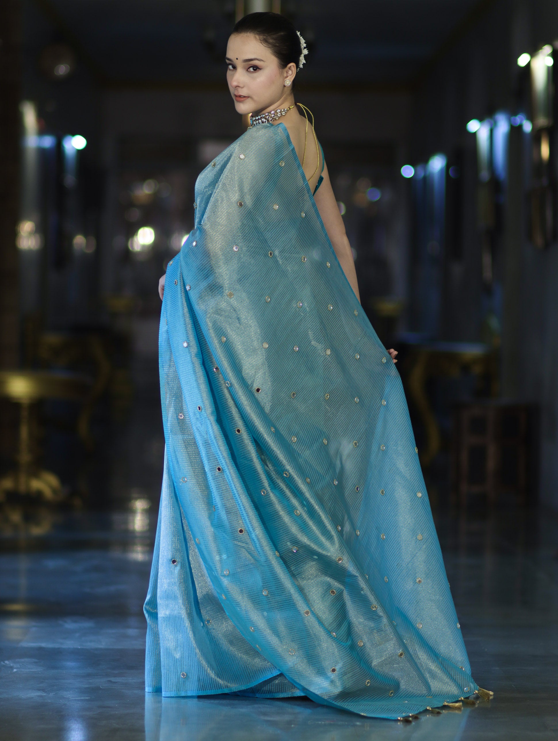 Banarasee Soft Tissue Saree With Hand Embroidered Mirror Work & Zari Stripes Design-Light Blue