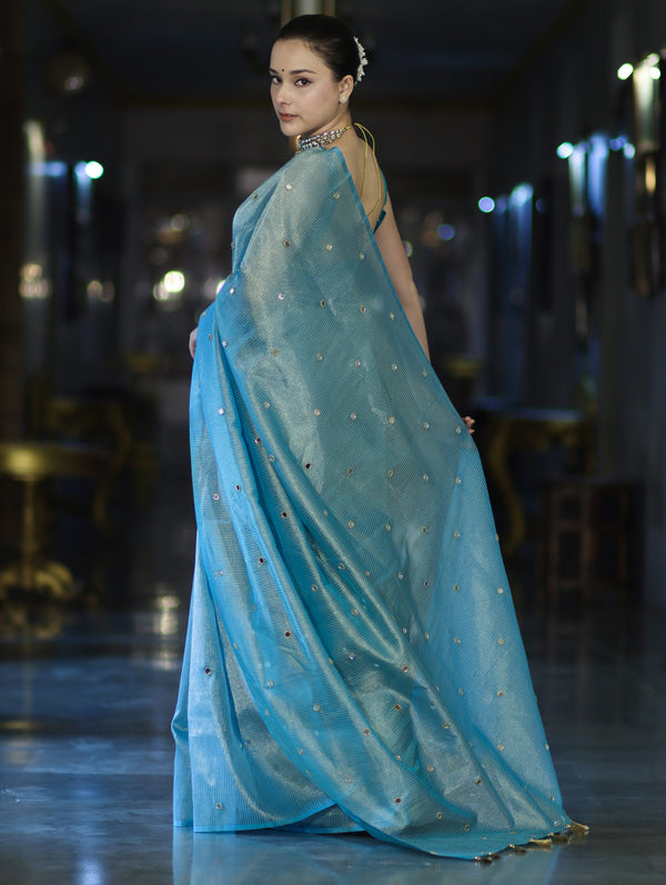 Banarasee Soft Tissue Saree With Hand Embroidered Mirror Work & Zari Stripes Design-Light Blue