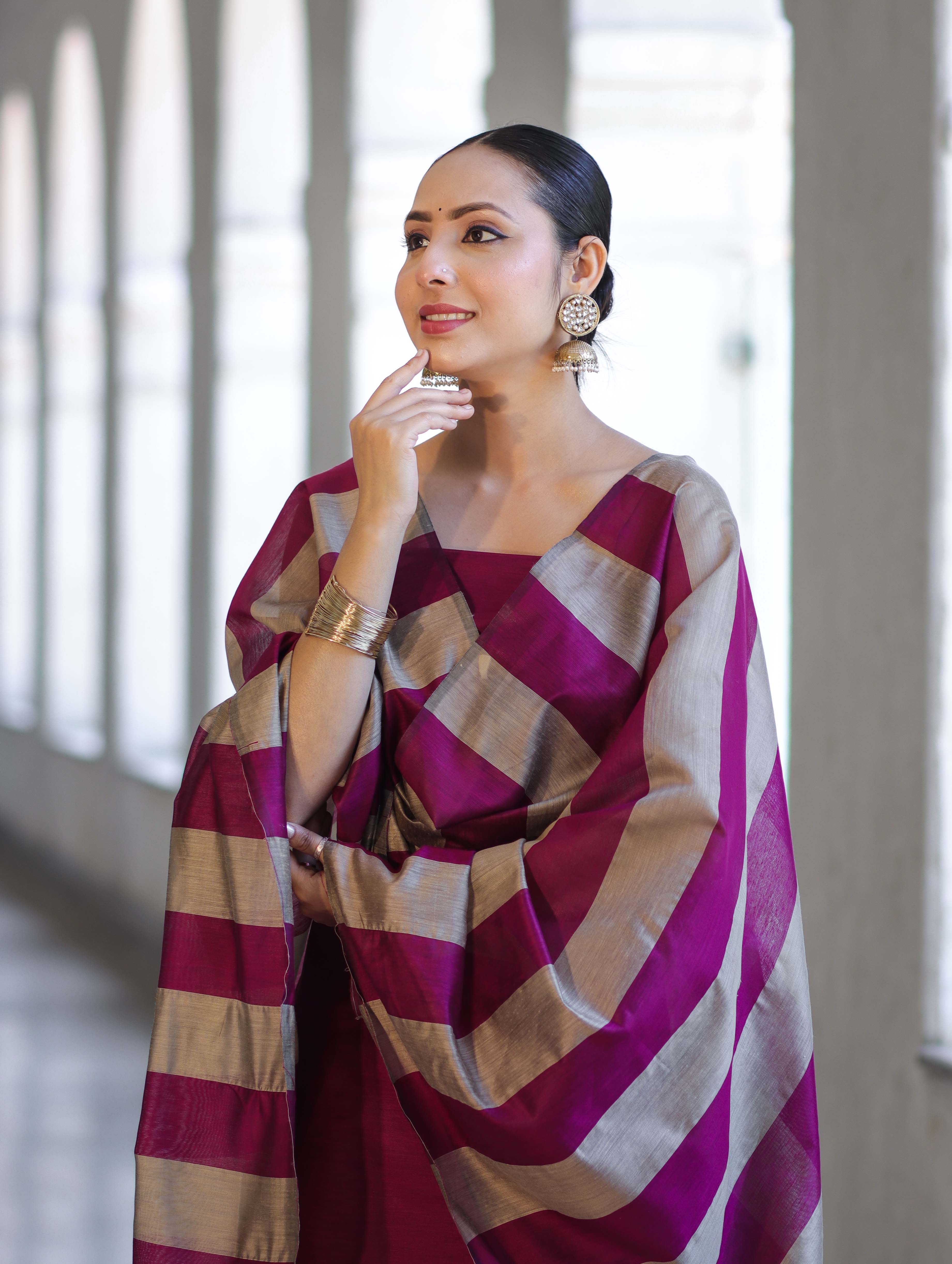 Banarasee Cotton Silk Stripe Pattern Salwar Kameez Fabric With Dupatta Set-Deep Magenta
