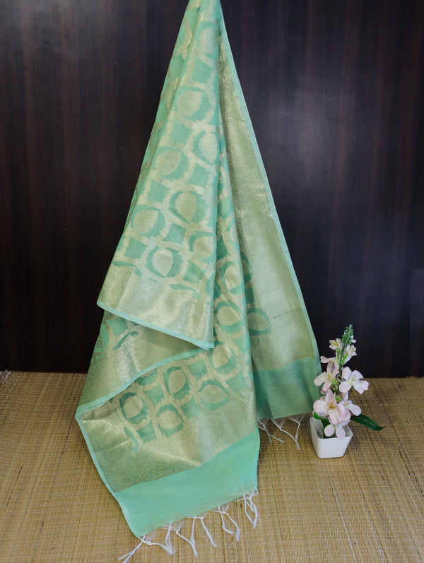 Banarasee Cotton Silk Dupatta With Zari Woven Jaal Design-Light Green