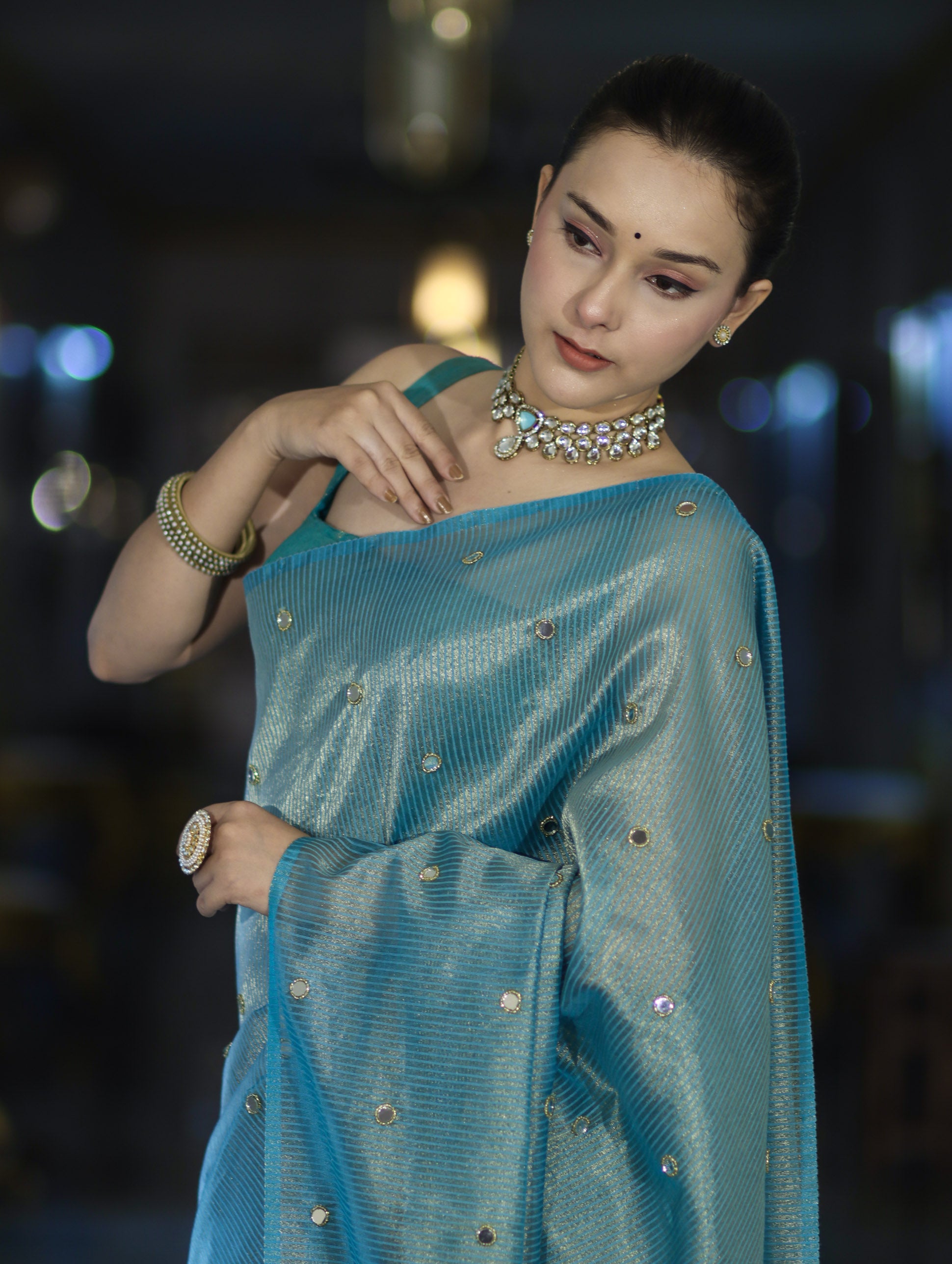 Banarasee Soft Tissue Saree With Hand Embroidered Mirror Work & Zari Stripes Design-Light Blue