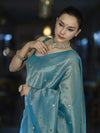 Banarasee Soft Tissue Saree With Hand Embroidered Mirror Work & Zari Stripes Design-Light Blue
