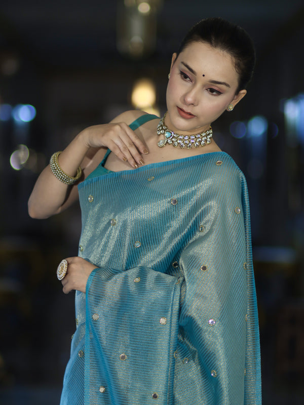 Banarasee Soft Tissue Saree With Hand Embroidered Mirror Work & Zari Stripes Design-Light Blue