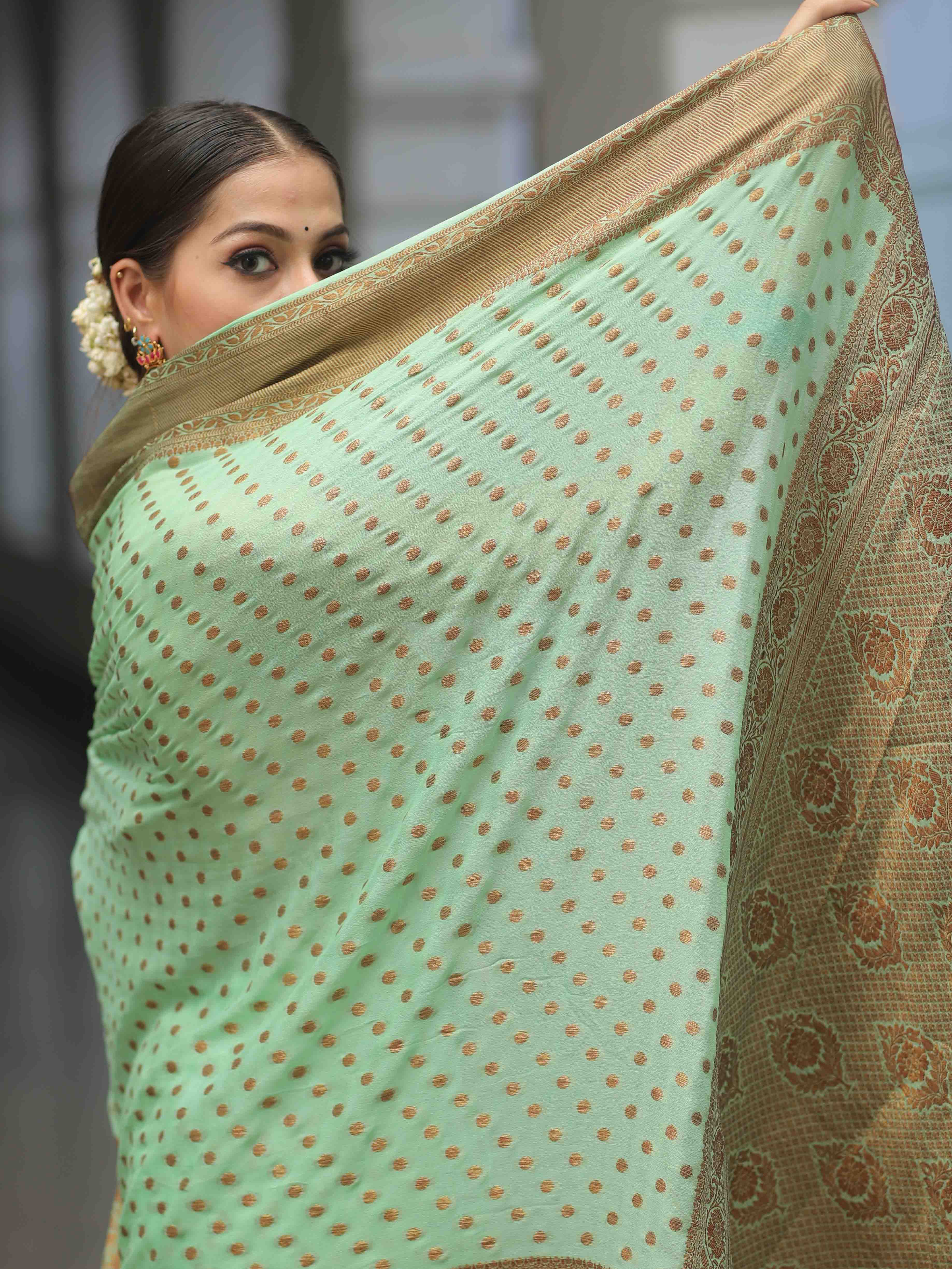 Banarasee Chiffon Floral Zari Buti & Border Saree-Green
