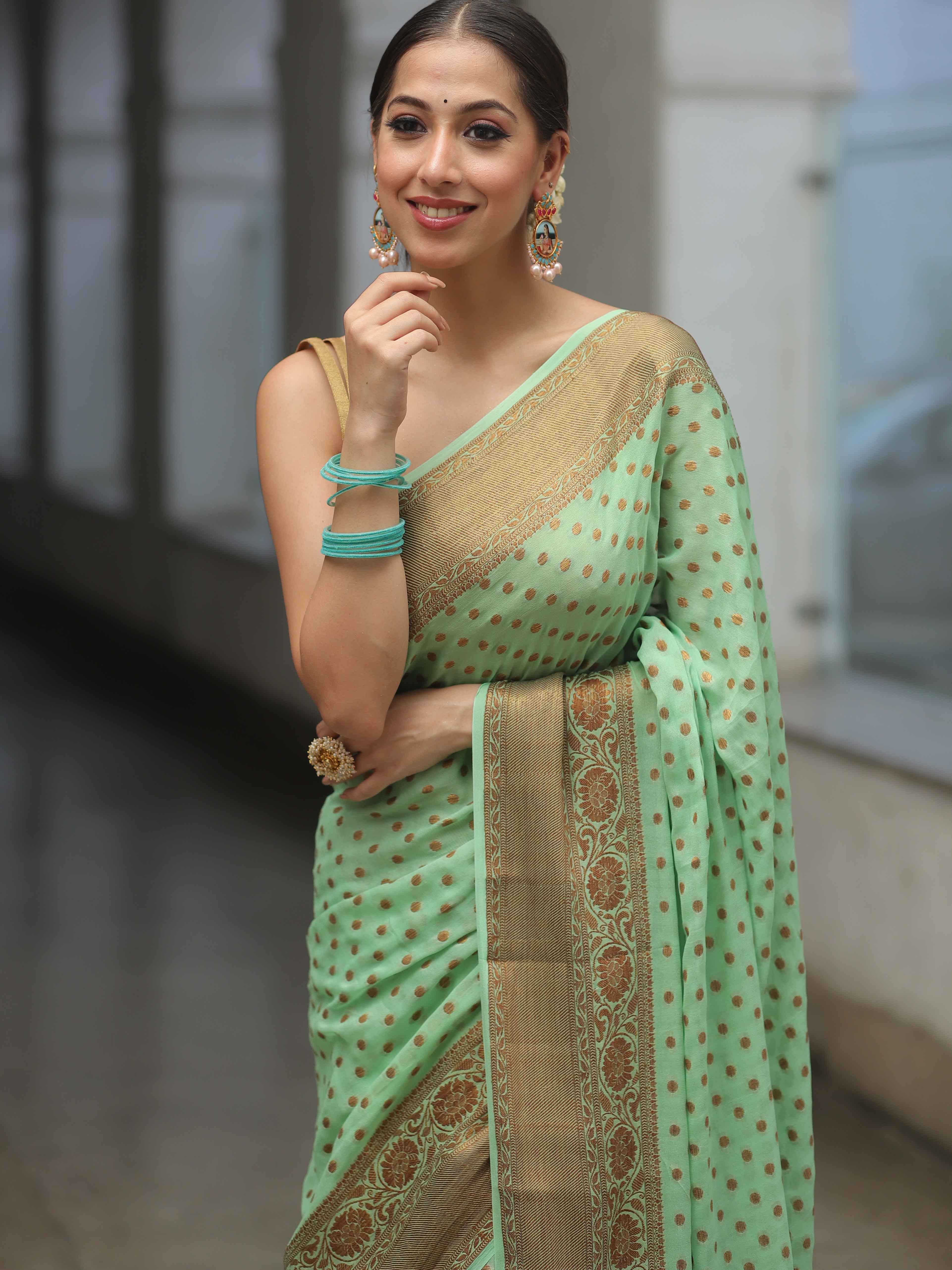 Banarasee Chiffon Floral Zari Buti & Border Saree-Green