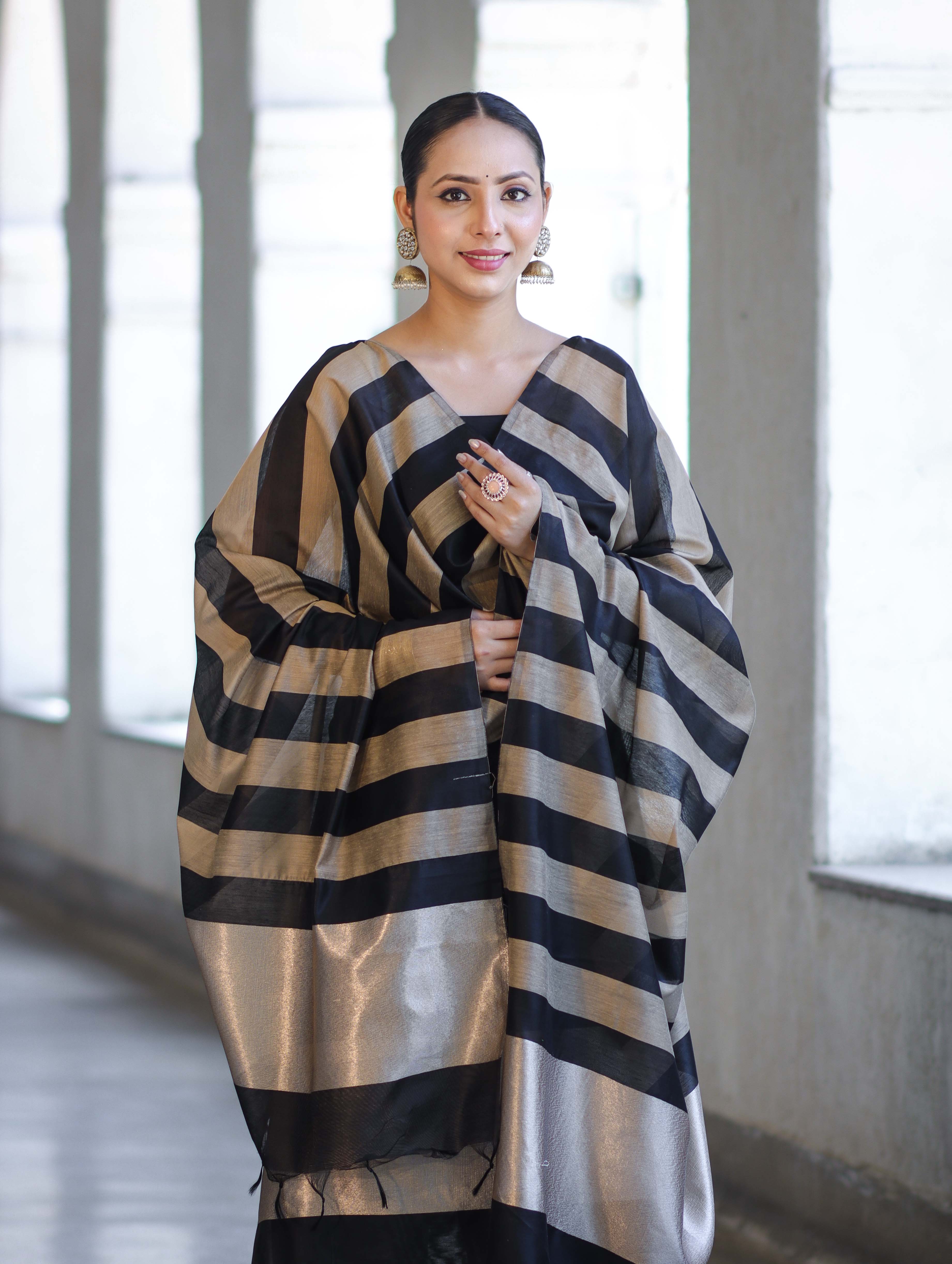 Banarasee Cotton Silk Stripe Pattern Salwar Kameez Fabric With Dupatta Set-Black
