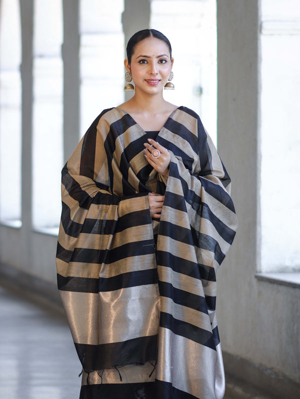 Banarasee Cotton Silk Stripe Pattern Salwar Kameez Fabric With Dupatta Set-Black