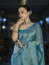 Banarasee Soft Tissue Saree With Hand Embroidered Mirror Work & Zari Stripes Design-Light Blue