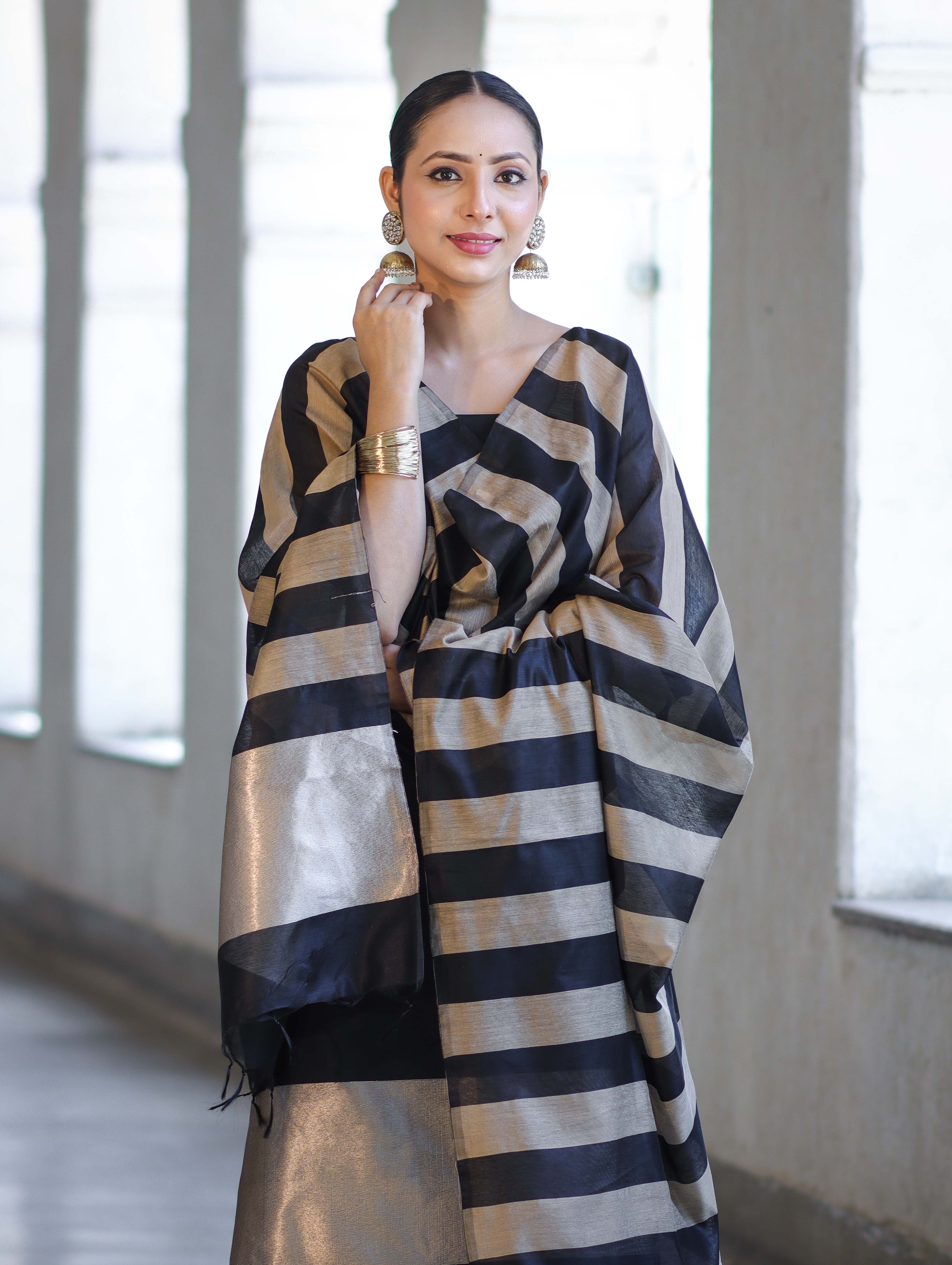 Banarasee Cotton Silk Stripe Pattern Salwar Kameez Fabric With Dupatta Set-Black