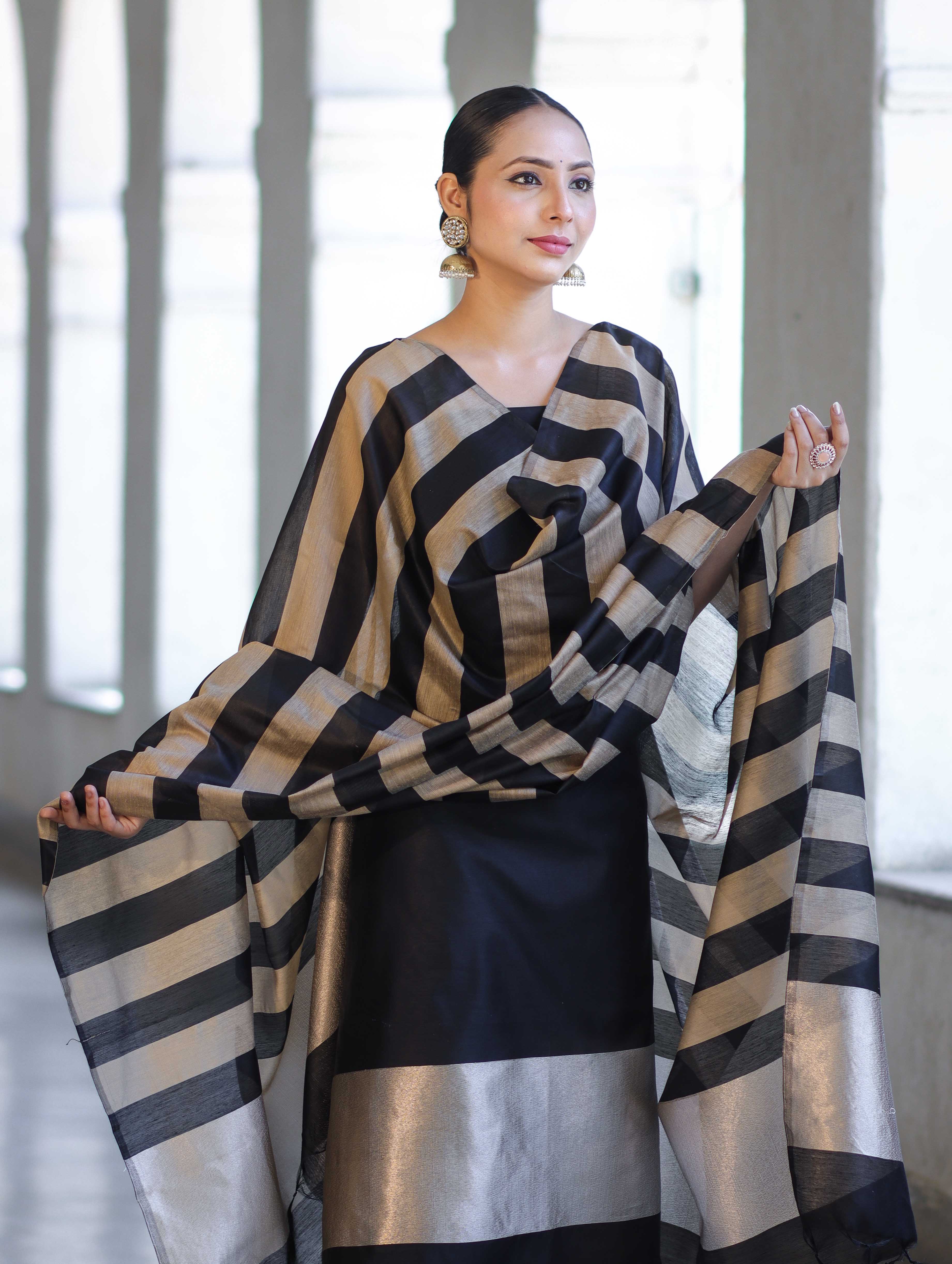 Banarasee Cotton Silk Stripe Pattern Salwar Kameez Fabric With Dupatta Set-Black