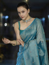 Banarasee Soft Tissue Saree With Hand Embroidered Mirror Work & Zari Stripes Design-Light Blue