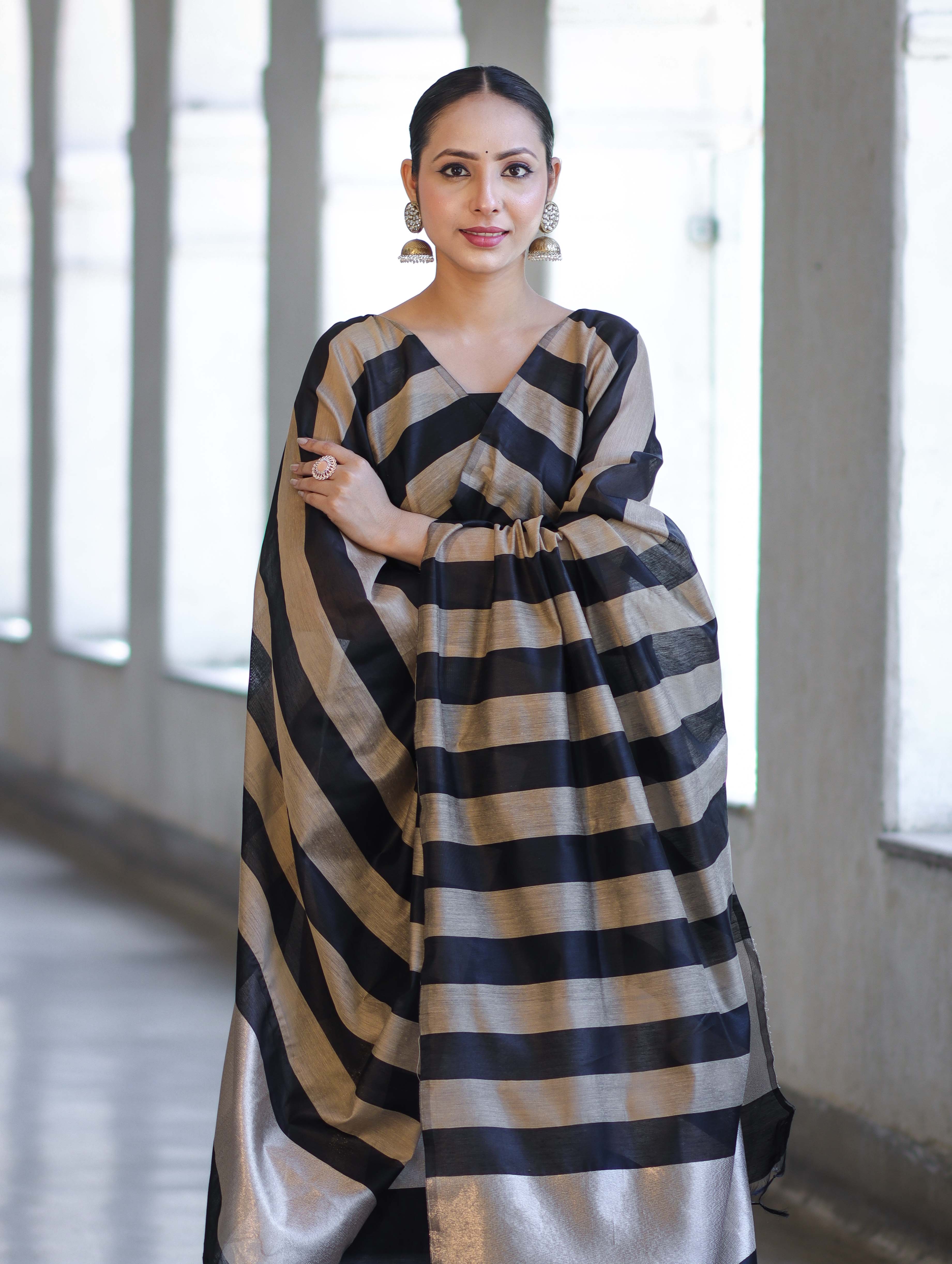 Banarasee Cotton Silk Stripe Pattern Salwar Kameez Fabric With Dupatta Set-Black