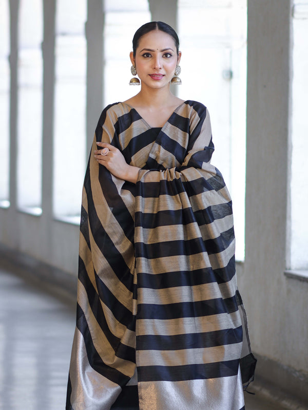 Banarasee Cotton Silk Stripe Pattern Salwar Kameez Fabric With Dupatta Set-Black