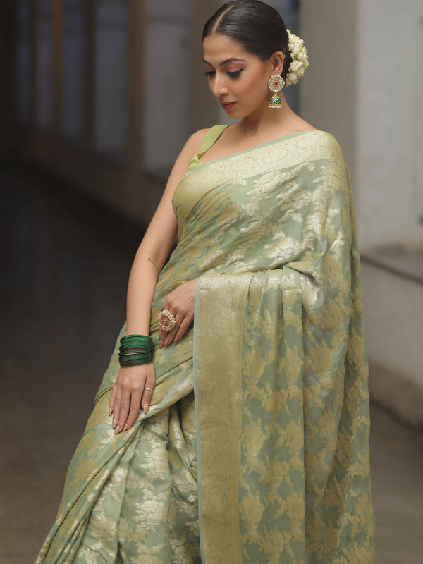 Banarasee Chiffon Floral Zari Jaal & Border Saree-Pastel Green