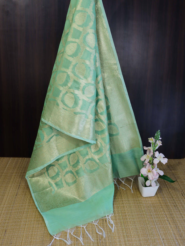 Banarasee Cotton Silk Dupatta With Zari Woven Jaal Design-Light Green